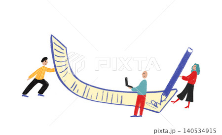 Hand drawn people carrying oversized contract document in simple illustration. Hand drawn people carrying oversized contract document in simple illustration. 140534915