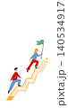 Childlike style illustration of people climbing pencil arrow toward goal flag. 140534917