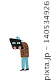 Hand drawn business person hiding behind laptop in minimalist childlike illustration 140534926
