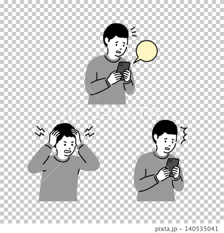 スマートフォンのトラブルに困る男子中学生のイラストセット、SNSやメッセージを見て悩む少年、ベクター 140535041