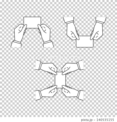 白いカードを持ったビジネスマンの手元のベクター線画イラストセット (名刺交換) モノクロ･Edit 140535155
