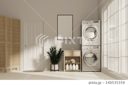 Sustainability in laundry room setup showcasing contemporary style. 3D render illustration Sustainability in laundry room setup showcasing contemporary style. 3D render illustration 140535359