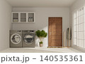 Sustainability in laundry room featuring modern appliances and cozy aesthetics. 3D render illustration 140535361