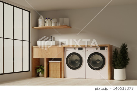 Home laundry space design focusing on minimalism and organization. 3D render illustration Home laundry space design focusing on minimalism and organization. 3D render illustration 140535375