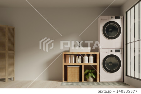 Stylish laundry area emphasizing functionality and comfort. 3D render illustration Stylish laundry area emphasizing functionality and comfort. 3D render illustration 140535377