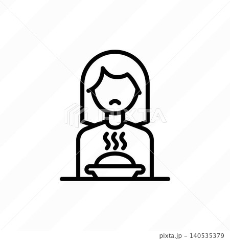 Loss of appetite thin line icon: sad woman sitting in front of plate. Vector illustration of neurosis symptom, depression. Loss of appetite thin line icon: sad woman sitting in front of plate. Vector illustration of neurosis symptom, depression. 140535379