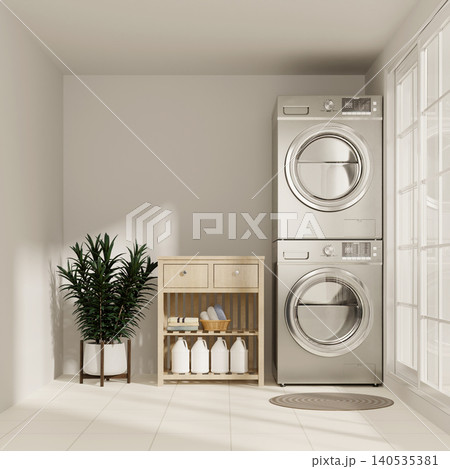 Sustainability in laundry room layout with sleek design aesthetics. 3D render illustration Sustainability in laundry room layout with sleek design aesthetics. 3D render illustration 140535381