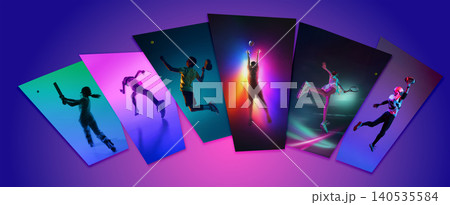 Dynamic sports collage with athletes in neon gradient panels representing motion energy and competition Dynamic sports collage with athletes in neon gradient panels representing motion energy and competition 140535584