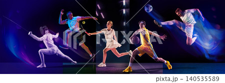 Athletes performing tennis basketball soccer and dynamic moves in dark studio with dramatic lighting. Banner Athletes performing tennis basketball soccer and dynamic moves in dark studio with dramatic lighting. Banner 140535589