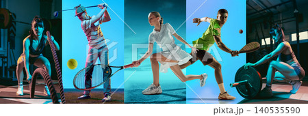Horizontal collage of athletes in action showing tennis basketball soccer and dynamic motion effects. Banner Horizontal collage of athletes in action showing tennis basketball soccer and dynamic motion effects. Banner 140535590