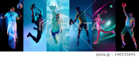 Dynamic athletes jumping with balls in colorful neon studio collage representing energy sport diversity. Banner Dynamic athletes jumping with balls in colorful neon studio collage representing energy sport diversity. Banner 140535645