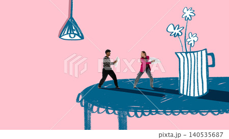Couple fighting with pillows on surreal drawn table scene symbolizing relationship conflict 140535687