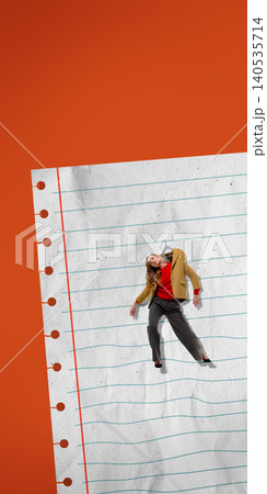 Businesswoman in jacket on hanger on notebook paper background symbolizing burnout fatigue and overload Businesswoman in jacket on hanger on notebook paper background symbolizing burnout fatigue and overload 140535714