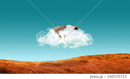 Woman floating on cloud above landscape in surreal dreamlike scene symbolizing escape and relaxation Woman floating on cloud above landscape in surreal dreamlike scene symbolizing escape and relaxation 140535715