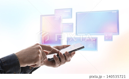 Hands using smartphone with holographic interface panels in modern UX environment on clean background. Hands using smartphone with holographic interface panels in modern UX environment on clean background. 140535721