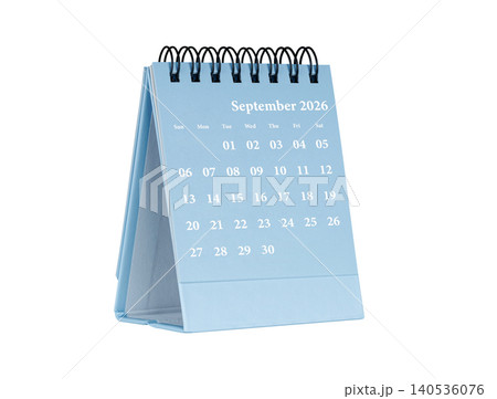Desktop calendar for September 2026 in blue colour. Mini planner for business and finance, spiral view on isolated white background Desktop calendar for September 2026 in blue colour. Mini planner for business and finance, spiral view on isolated white background 140536076