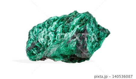 Vibrant green malachite crystal specimen with rich banding patterns isolated on white background 140536087