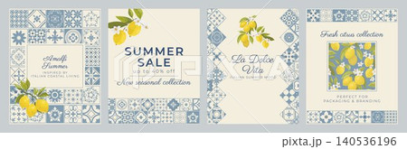 Amalfi Coast social media template collection with Mediterranean lemons and ceramic mosaic tiles in elegant coastal Italian style. Perfect for branding, promotions and summer campaigns 140536196