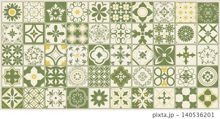 Hand drawn Mediterranean ceramic tile set in modern coastal boho style. Olive green floral and geometric mosaics inspired by Italian and Portuguese interiors, perfect for decor and branding. Hand drawn Mediterranean ceramic tile set in modern coastal boho style. Olive green floral and geometric mosaics inspired by Italian and Portuguese interiors, perfect for decor and branding. 140536201