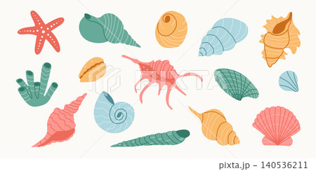 Playful hand drawn seashell set in flat whimsical coastal style with bright coral, teal and ochre palette. Perfect for kids design, packaging, textiles, branding and summer beach projects. Playful hand drawn seashell set in flat whimsical coastal style with bright coral, teal and ochre palette. Perfect for kids design, packaging, textiles, branding and summer beach projects. 140536211