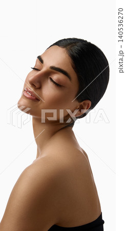 Side beauty portrait of woman with closed eyes and radiant skin on white background. Side beauty portrait of woman with closed eyes and radiant skin on white background. 140536270