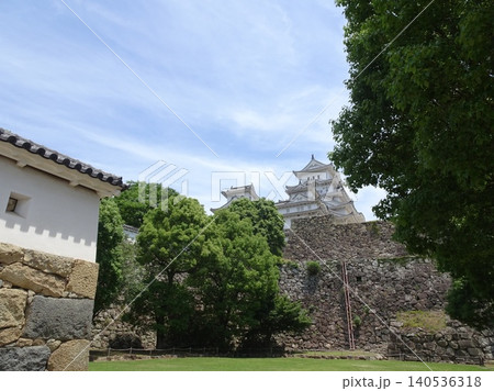青空にそびえ立つ姫路城の大天守と西小天守、そして新緑の木々や幾重にも重なる石垣の風景 140536318
