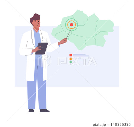 Doctor Epidemiologist shows endemic zone and spread of disease on map for data analysis. Male scientist Doctor Epidemiologist shows endemic zone and spread of disease on map for data analysis. Male scientist 140536356