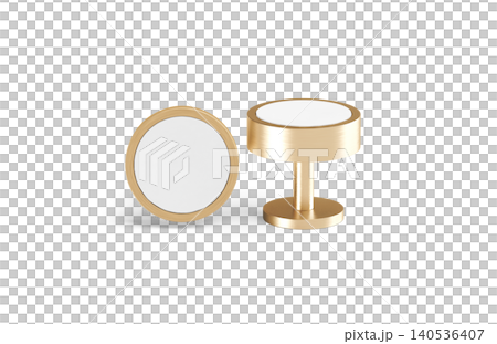 Blank round gold cufflinks stud mockup lying and stand png, transparent background, 3d rendering. Empty golden sleeve-button for shirt clasp mock up cut out. Jewelry cuff link or brooch with label. Blank round gold cufflinks stud mockup lying and stand png, transparent background, 3d rendering. Empty golden sleeve-button for shirt clasp mock up cut out. Jewelry cuff link or brooch with label. 140536407