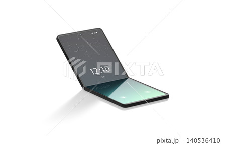 Blank turned on flexible chamshell phone display half folded mockup png, transparent background, 3d rendering. Empty arched touchscreen with interface mock up, cut out. Locked screensaver on device. Blank turned on flexible chamshell phone display half folded mockup png, transparent background, 3d rendering. Empty arched touchscreen with interface mock up, cut out. Locked screensaver on device. 140536410