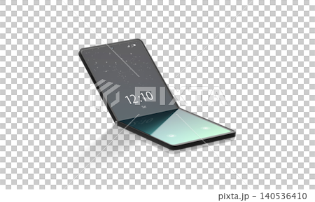Blank turned on flexible chamshell phone display half folded mockup png, transparent background, 3d rendering. Empty arched touchscreen with interface mock up, cut out. Locked screensaver on device. Blank turned on flexible chamshell phone display half folded mockup png, transparent background, 3d rendering. Empty arched touchscreen with interface mock up, cut out. Locked screensaver on device. 140536410