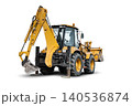 A universal excavator-loader is being used at a construction site for equipment rental. Workers are preparing the area for building projects 140536874