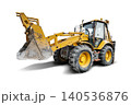 A universal excavator-loader is parked at a construction equipment rental location. Workers prepare the machine for upcoming rental jobs in the city 140536876