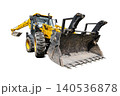 A universal excavator-loader is parked and ready for work at a construction site. It is part of a rental service used for various tasks 140536878