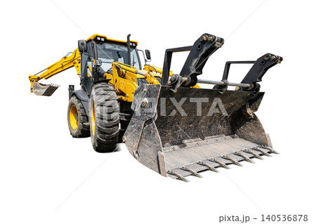 A universal excavator-loader is parked and ready for work at a construction site. It is part of a rental service used for various tasks 140536878