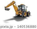 A universal excavator-loader is parked at a construction site. The equipment is ready for use in various tasks such as digging and moving materials 140536880