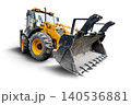 A universal excavator-loader stands still in a construction equipment rental yard. Its bucket is facing forward ready for loading 140536881
