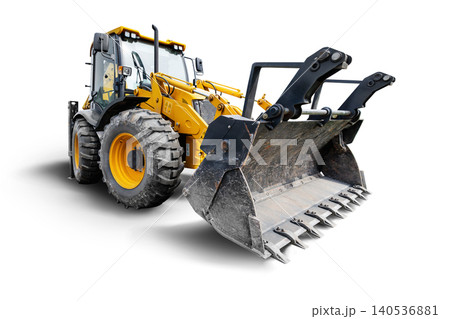 A universal excavator-loader stands still in a construction equipment rental yard. Its bucket is facing forward ready for loading A universal excavator-loader stands still in a construction equipment rental yard. Its bucket is facing forward ready for loading 140536881