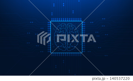 Technology background AI chip with a digital brain inside, representing artificial intelligence, intelligent computing power, machine learning, advanced data processing, technology innovation. Technology background AI chip with a digital brain inside, representing artificial intelligence, intelligent computing power, machine learning, advanced data processing, technology innovation. 140537220