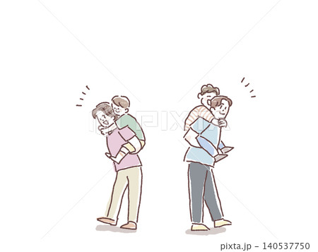 男の子をおんぶする父親と母親の人物イラストセット 140537750