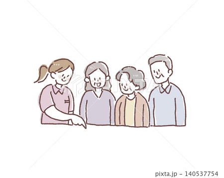 女性介護士が下を指差して高齢者と家族に説明や案内をする人物イラスト 女性介護士が下を指差して高齢者と家族に説明や案内をする人物イラスト 140537754