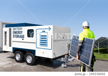 Solar installer with panel passing a mobile energy storage trailer Solar installer with panel passing a mobile energy storage trailer 140538092