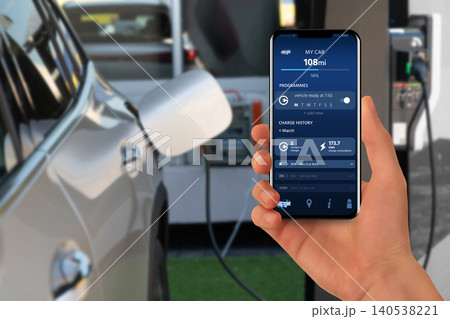 Close-up of an electric car with a cable Close-up of an electric car with a cable 140538221