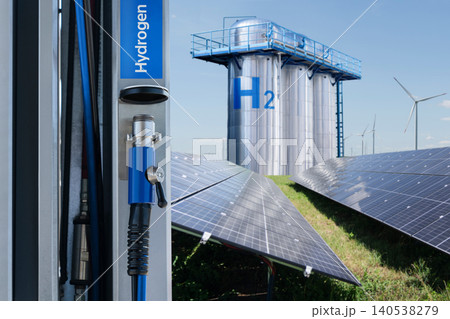 Hydrogen filling station with green hydrogen plant in the background 140538279