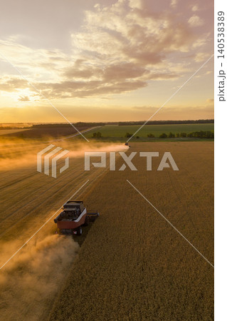 Combine harvester on the field at sunset. Aerial view. Combine harvester on the field at sunset. Aerial view. 140538389