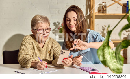 Woman helping senior mother with mobile money transfer at home. 140538801