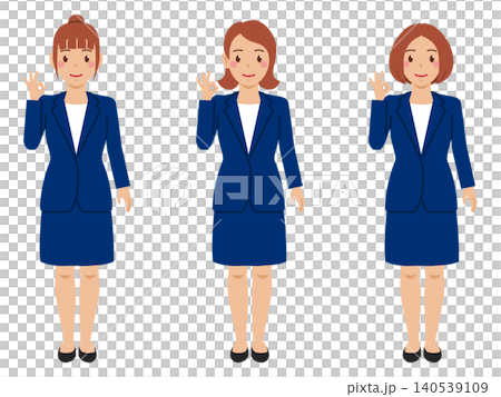 [全身] OKサインを出すカットソーにネイビースカートスーツの若い女性 140539109