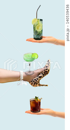 Mojito and green cocktail on hands and leopard heel on pale blue background. Mojito and green cocktail on hands and leopard heel on pale blue background. 140539436