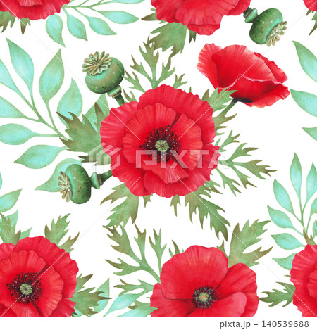 Seamless pattern with red poppies, buds, seed pods, lacy foliage. Watercolor botanical illustration. Wild Poppy Festival. Isolated hand-drawn art. Remembrance, Anzac. For fabrics and textiles Seamless pattern with red poppies, buds, seed pods, lacy foliage. Watercolor botanical illustration. Wild Poppy Festival. Isolated hand-drawn art. Remembrance, Anzac. For fabrics and textiles 140539688