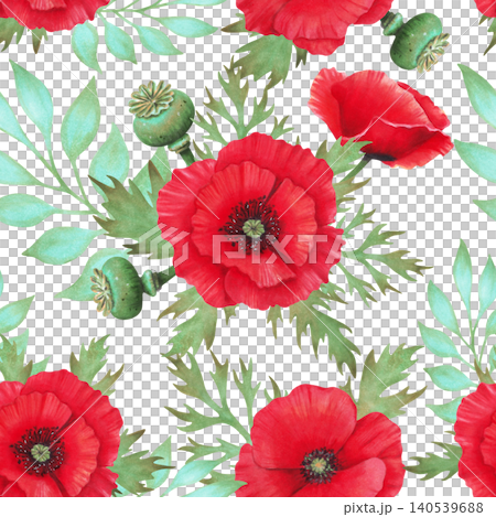 Seamless pattern with red poppies, buds, seed pods, lacy foliage. Watercolor botanical illustration. Wild Poppy Festival. Isolated hand-drawn art. Remembrance, Anzac. For fabrics and textiles Seamless pattern with red poppies, buds, seed pods, lacy foliage. Watercolor botanical illustration. Wild Poppy Festival. Isolated hand-drawn art. Remembrance, Anzac. For fabrics and textiles 140539688
