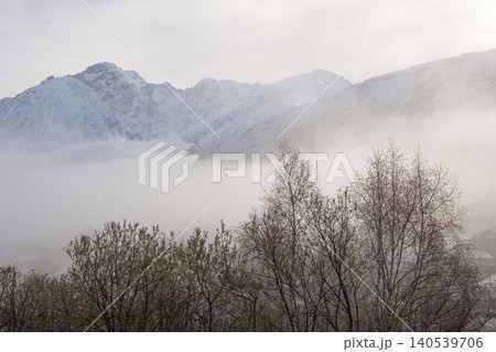 Snow-capped peaks rise above swirling mist Snow-capped peaks rise above swirling mist 140539706
